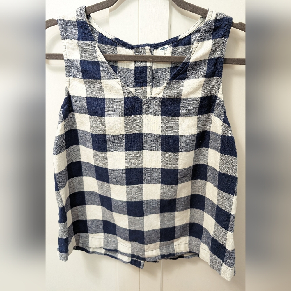 OLD NAVY, Sleeveless, V-Neck, Navy and Cream Gingham Top, Size XS, EUC